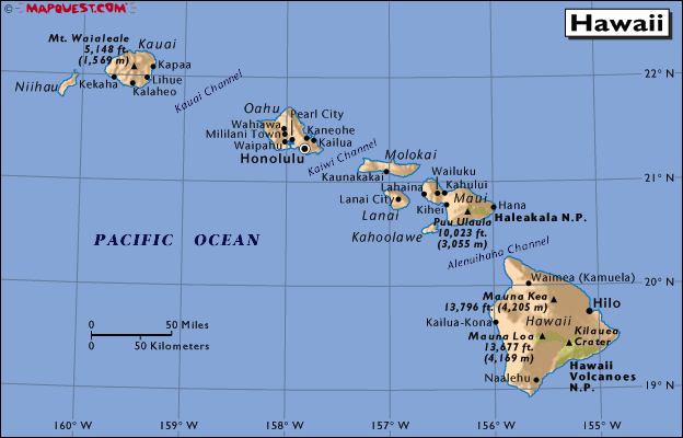 mapa - Stát Havajské ostrovy (State of Hawaiian Islands, Hawai)