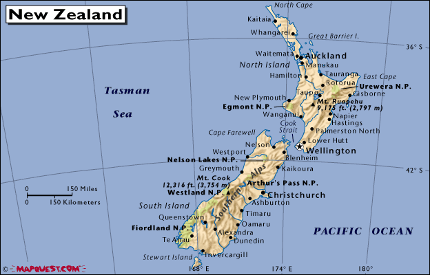 mapa - New Zealand; Aotearoa = Země dlouhého bílého oblaku