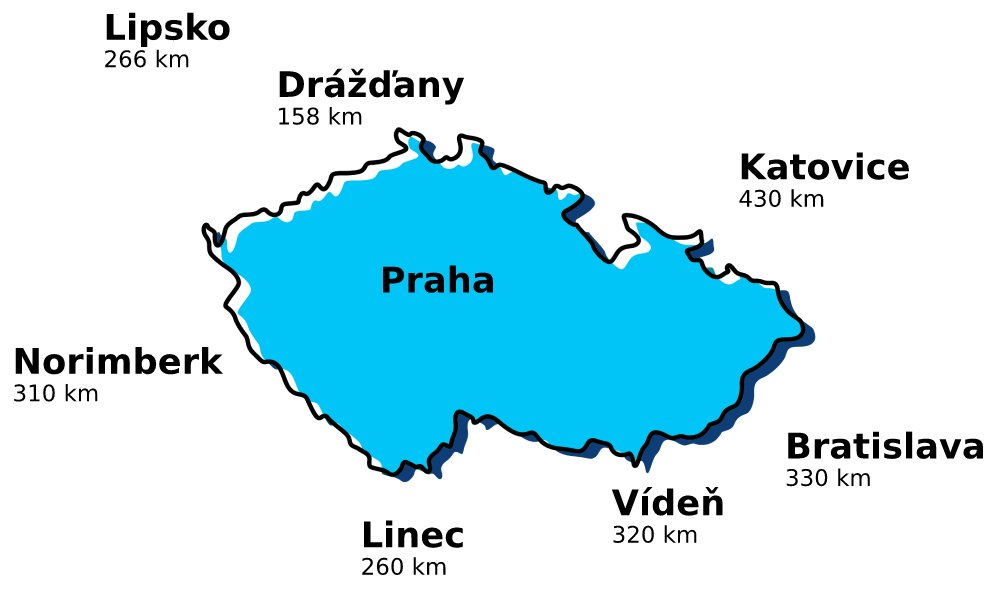 Mapa vzdálenosti letišť od Prahy